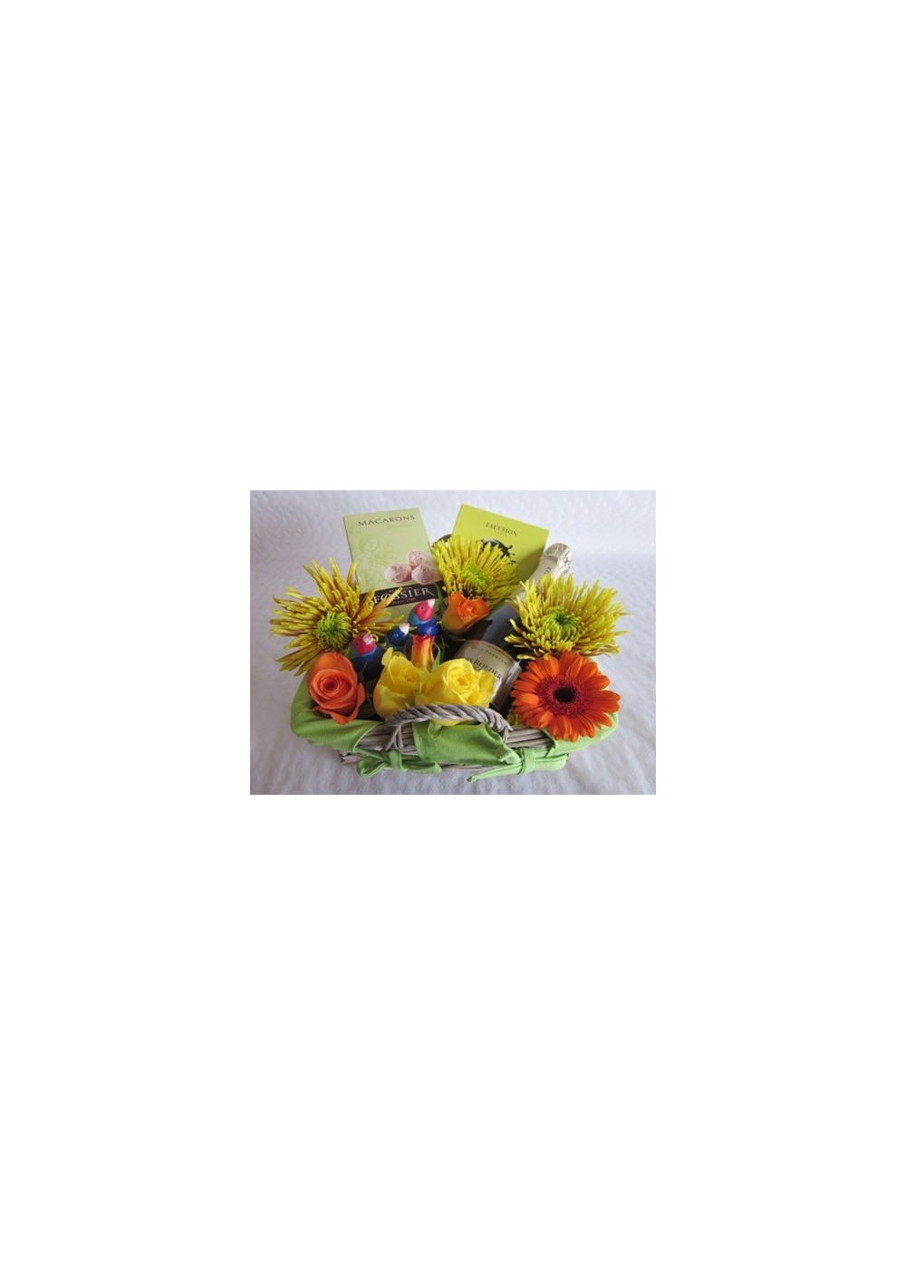 Gift basket with bouquet of flowers