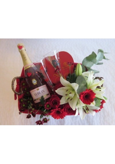 Birthday gift basket with flowers