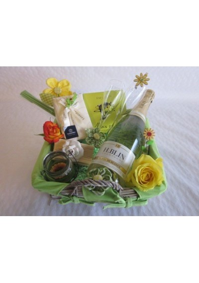 Gift basket beautifully decorated with flowers