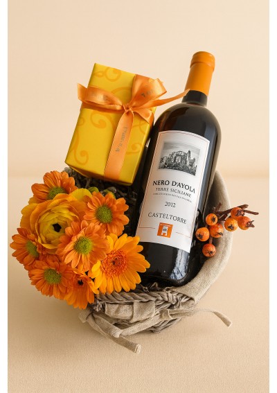 flower-basket-nero-davola-leonidas-EN.jpg | Premium flower gift basket with Nero d’Avola wine and Leonidas pralines
