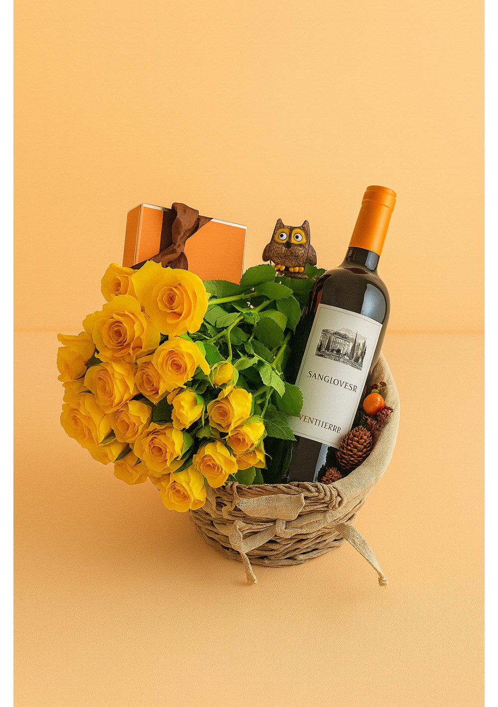 bloemenmand-lemotie-nero-davola-gele-rozen-NL.jpg | Luxe bloemen geschenkmand met Nero d’Avola, Léonidas pralines en gele rozen