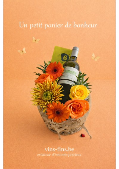 panier-fleurs-passion-orangee-bordeaux-godiva-FR.jpg | Panier cadeau fleurs jaune-orange avec Bordeaux blanc et chocolat Godiva