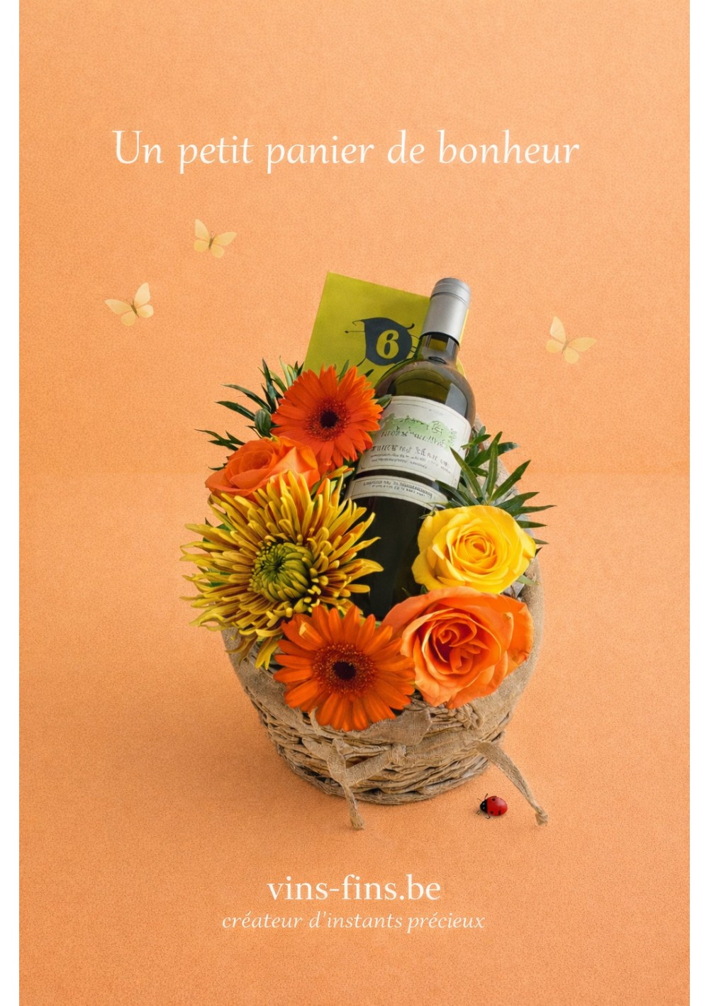 panier-fleurs-passion-orangee-bordeaux-godiva-FR.jpg | Panier cadeau fleurs jaune-orange avec Bordeaux blanc et chocolat Godiva