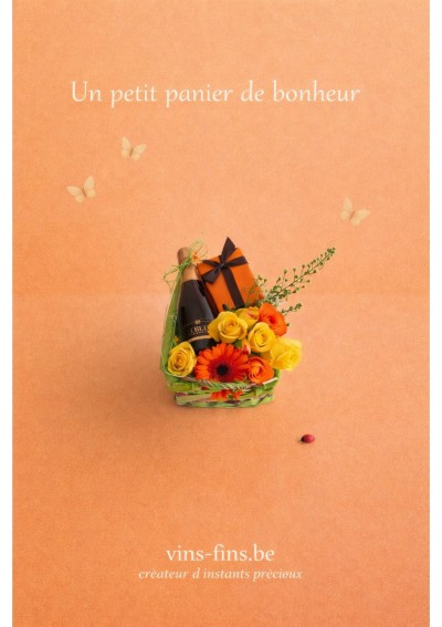 fleurs-de-soleil-bloemen-geschenkmand-champagne-neuhaus-NL.jpg | Bloemen geschenkmand met Brut champagne en Neuhaus pralines