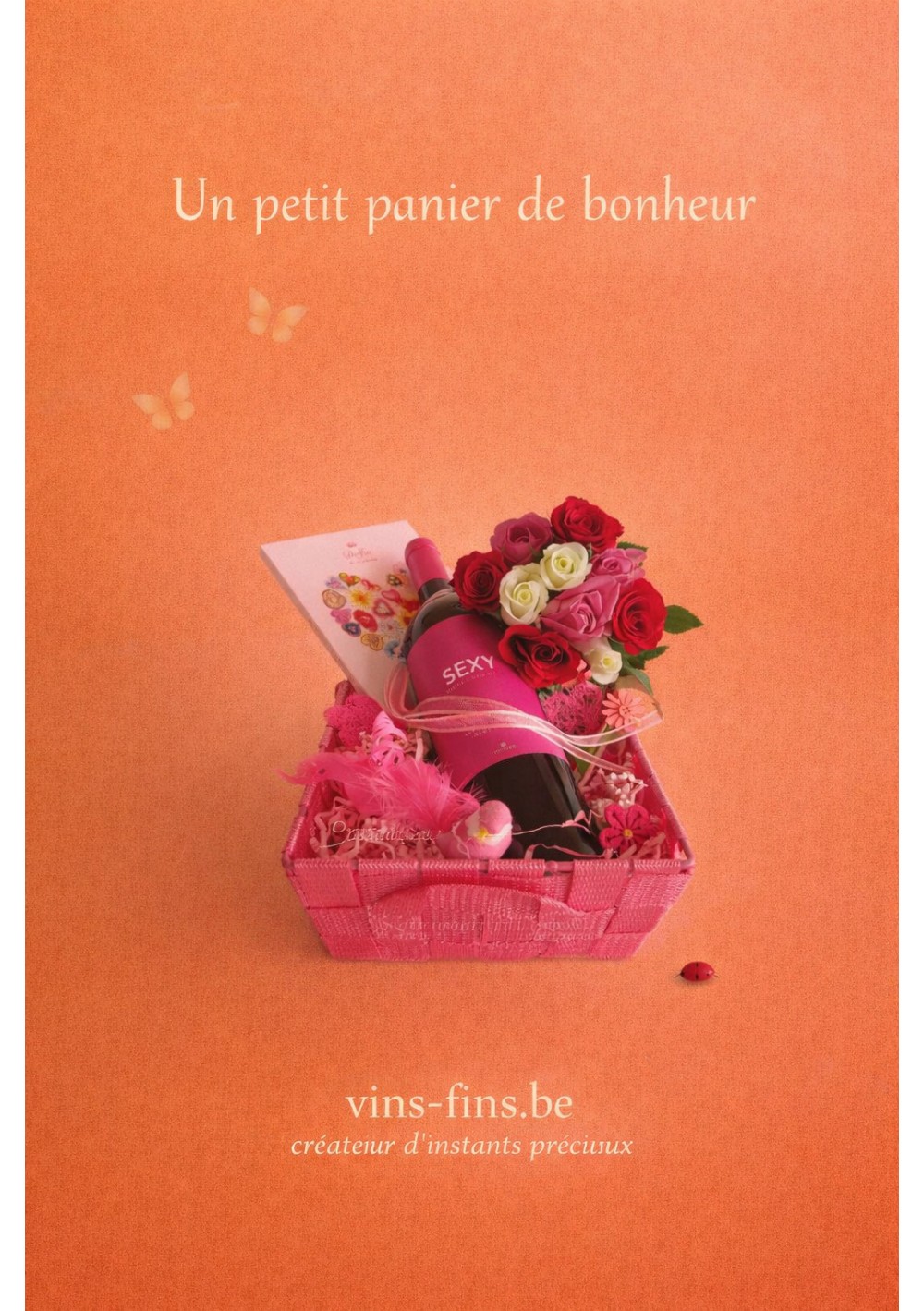 rose-sexy-wijn-dolfin-NL.jpg | Bloemen geschenkmand met rozen, wijn “Sexy” 2012 en Dolfin chocolade