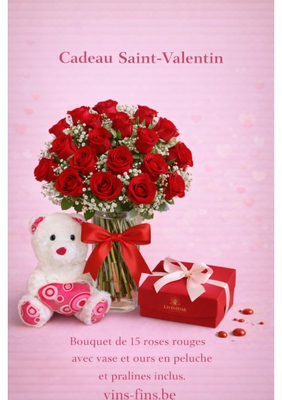 Saint-Valentin-Roses-Leonidas-Vase-Bruxelles-FR.jpg | Saint-Valentin 15 roses rouges avec vase, ours en peluche et pralines